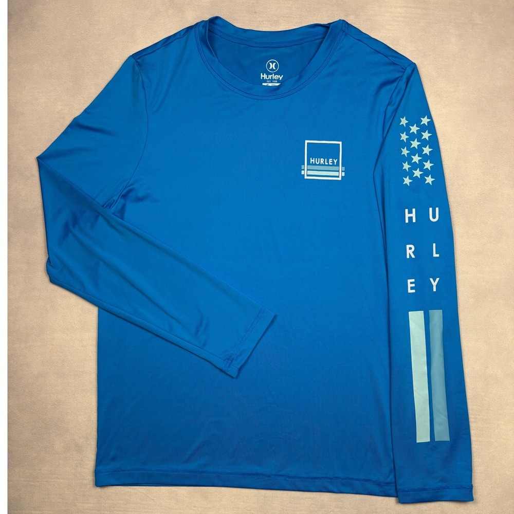 Hurley Mens Long Sleeve Rash Guard Blue Graphic Swim Shirt Size Small